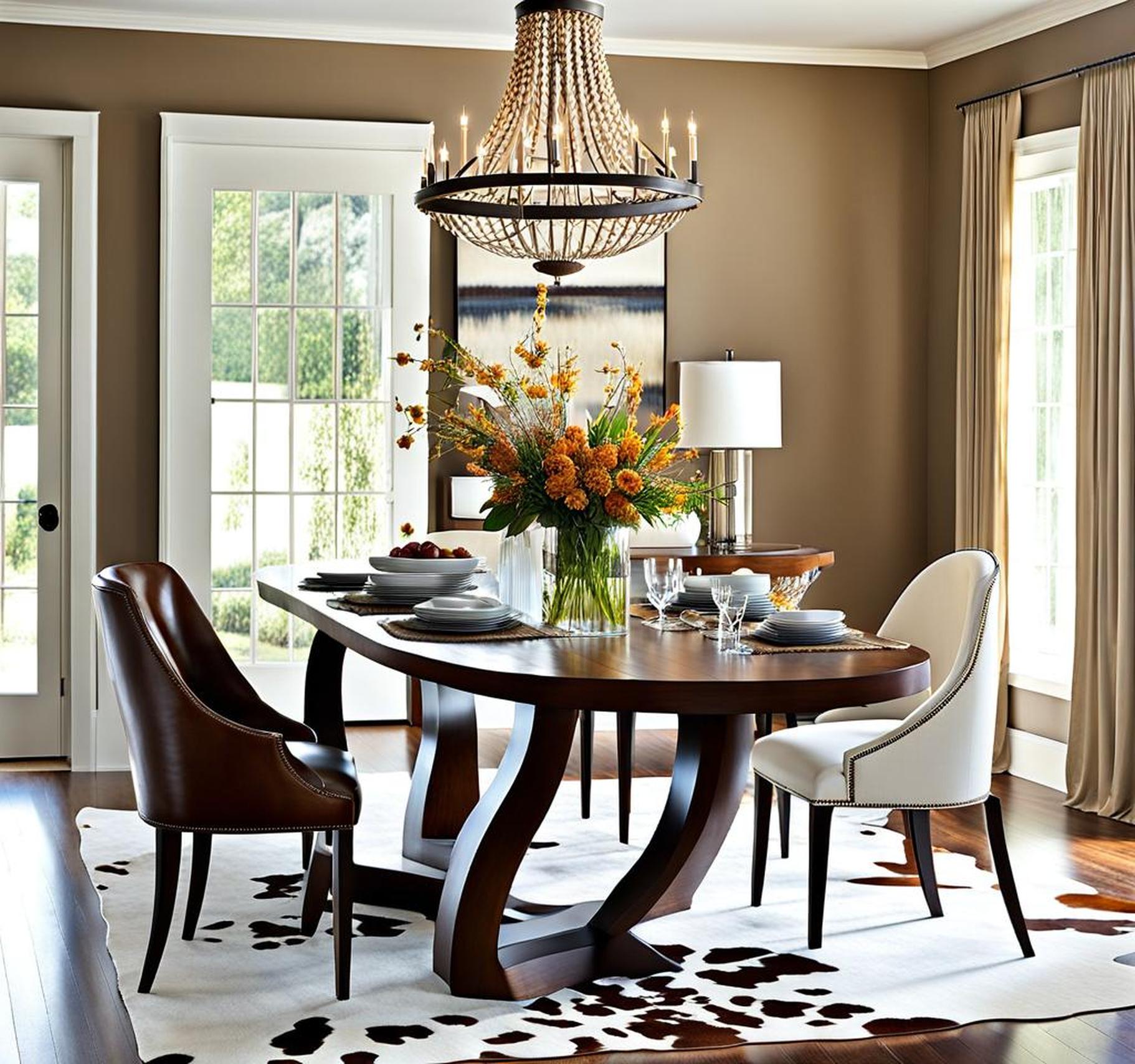 cowhide rug under dining table