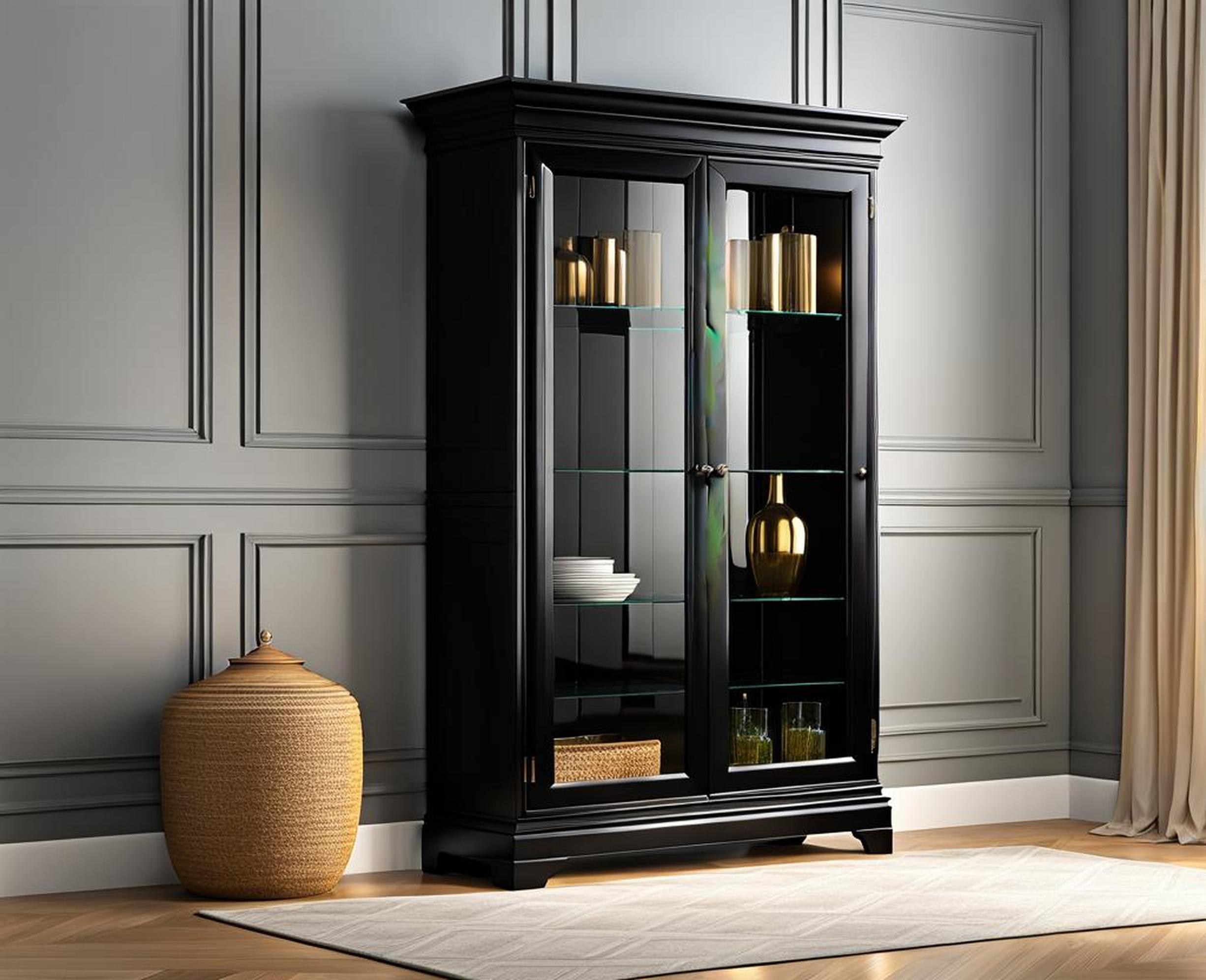 tall black cabinet with glass doors