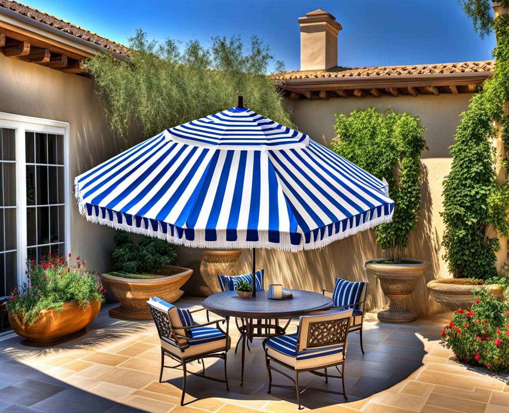 blue and white striped patio umbrella