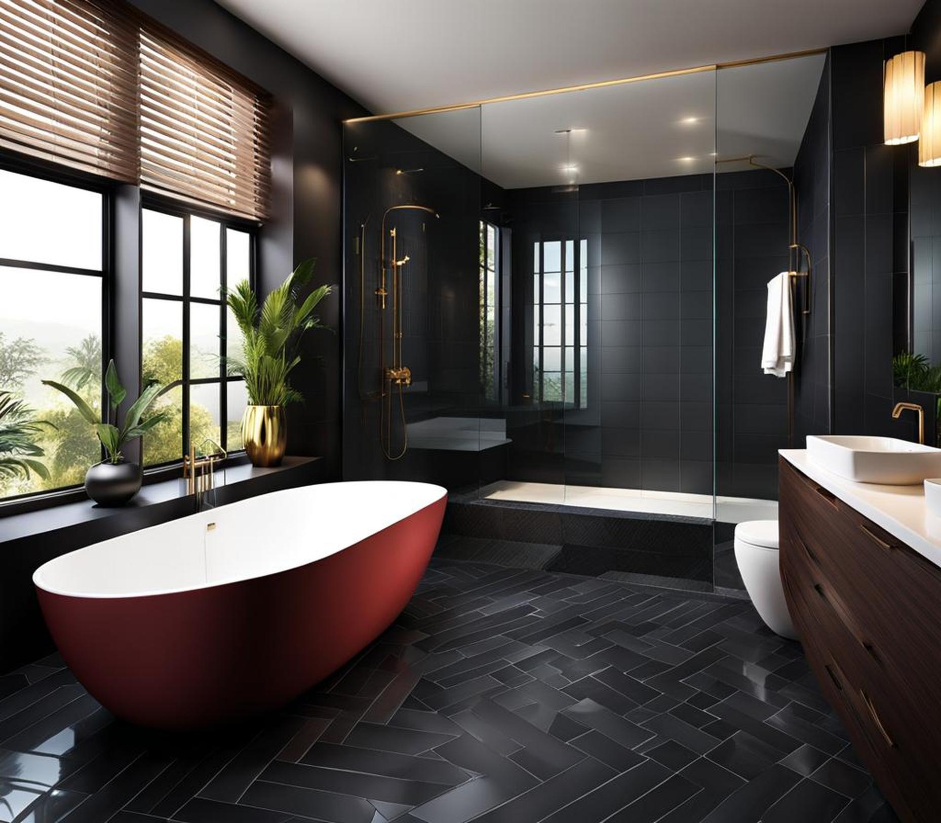 bathrooms with dark tile floors