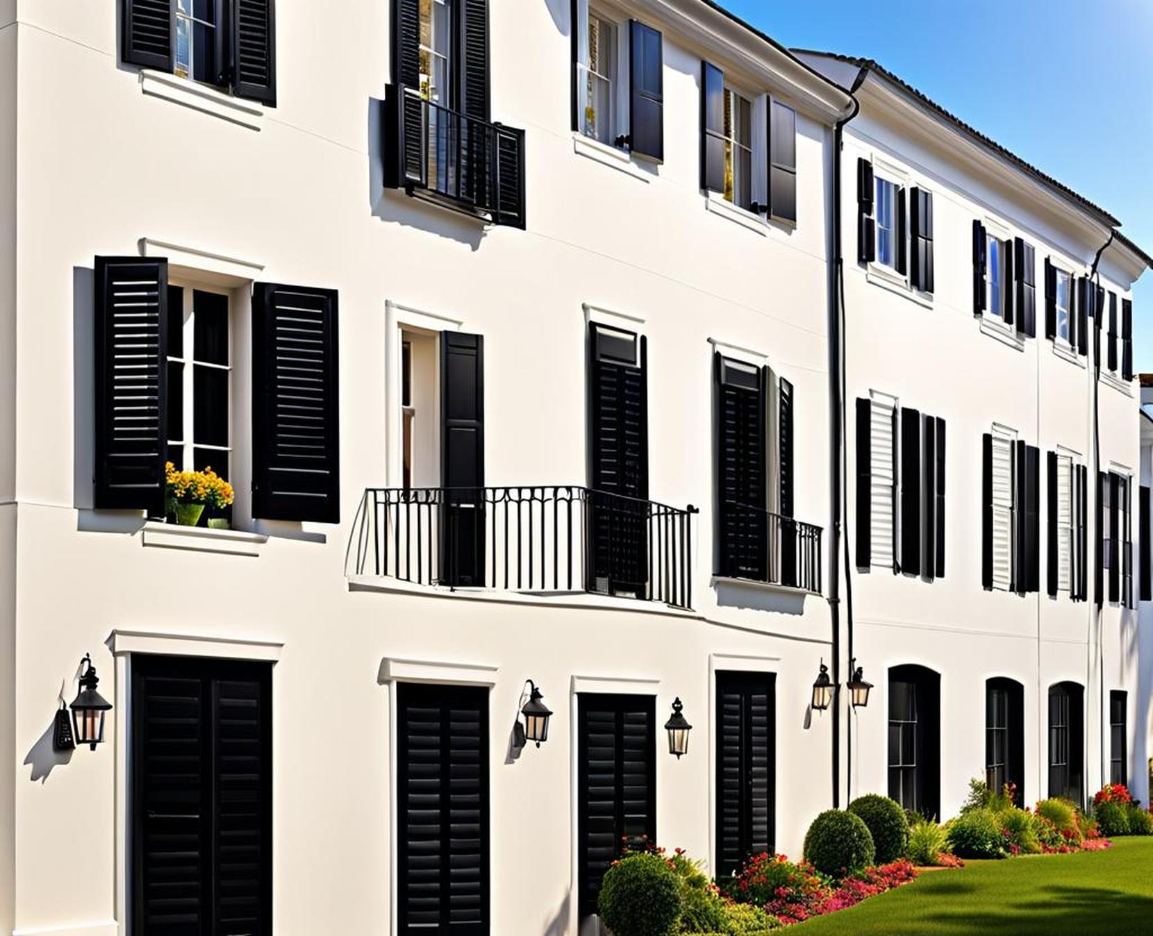 white houses with black shutters