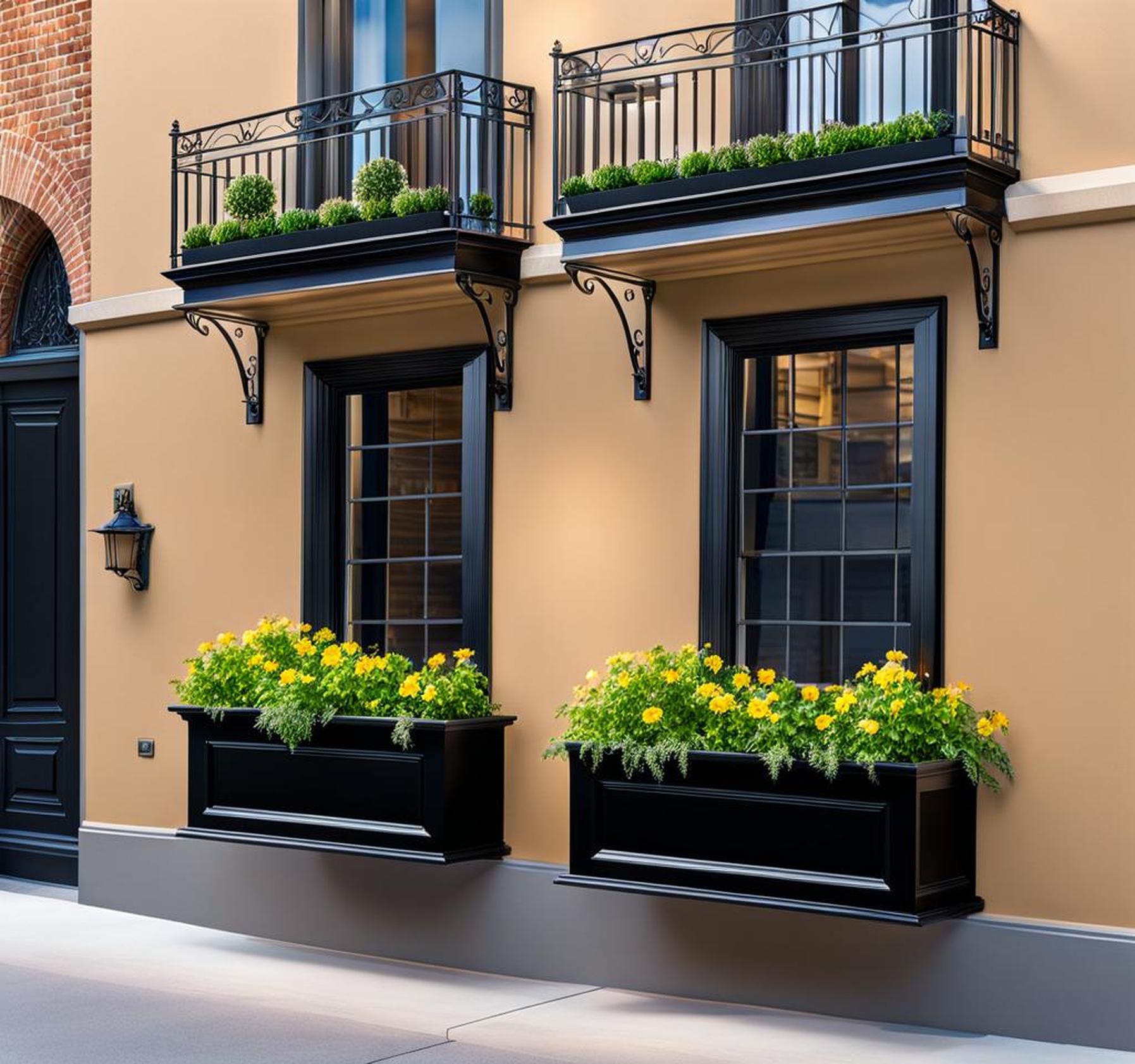 black window boxes with brackets