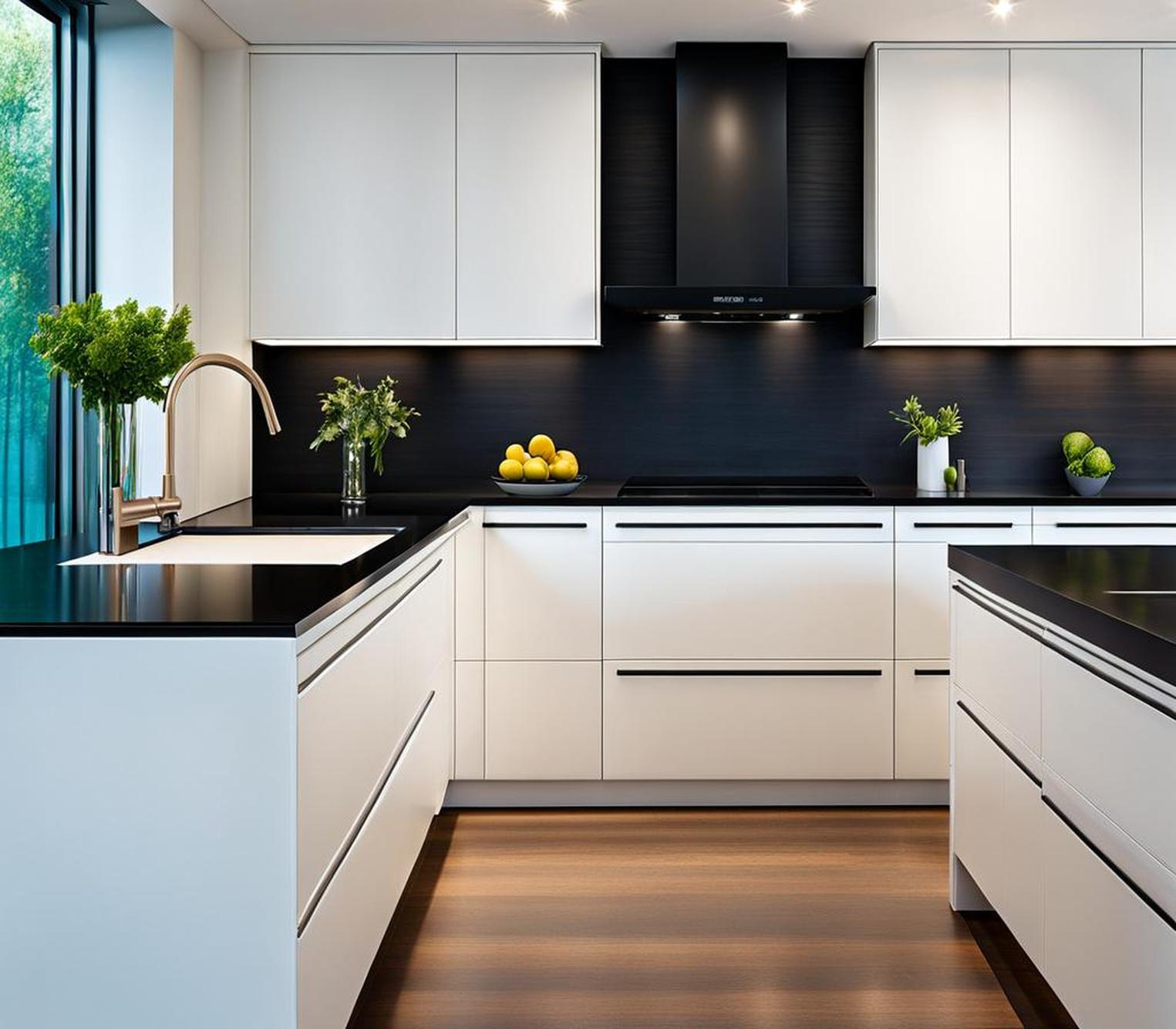 modern white kitchen with black countertops