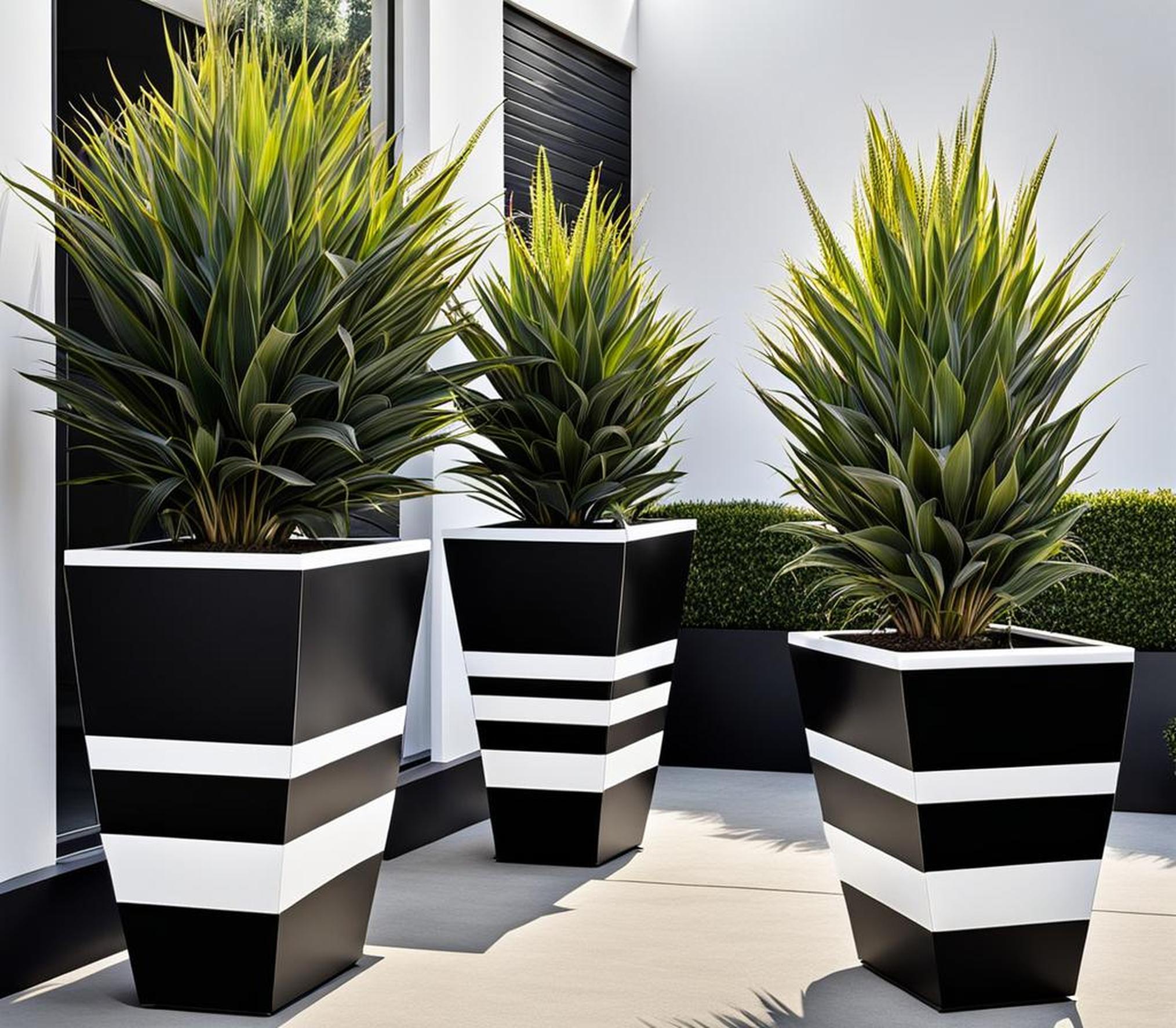 black and white planters outdoor