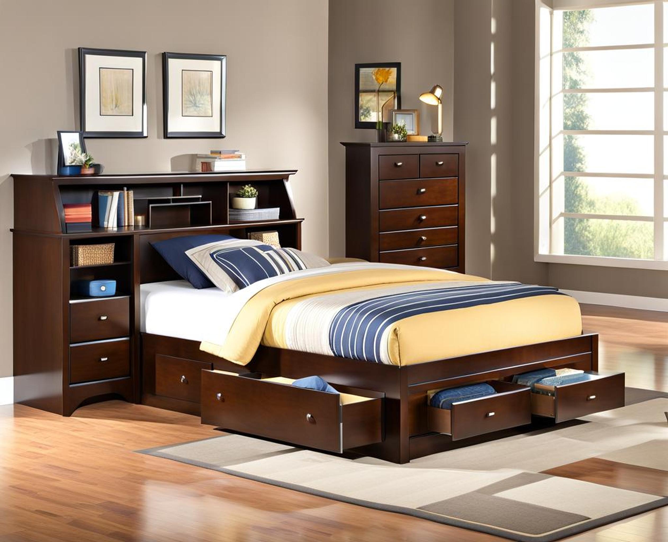 full size platform bed with storage and bookcase headboard