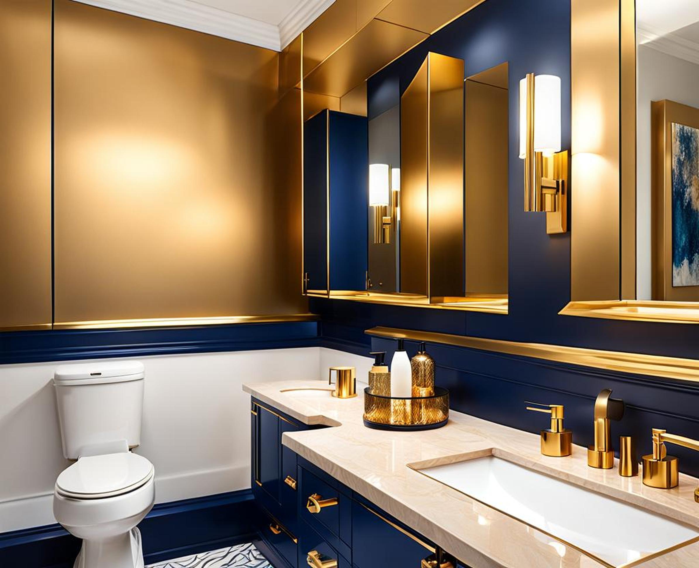 navy blue and gold bathroom accessories