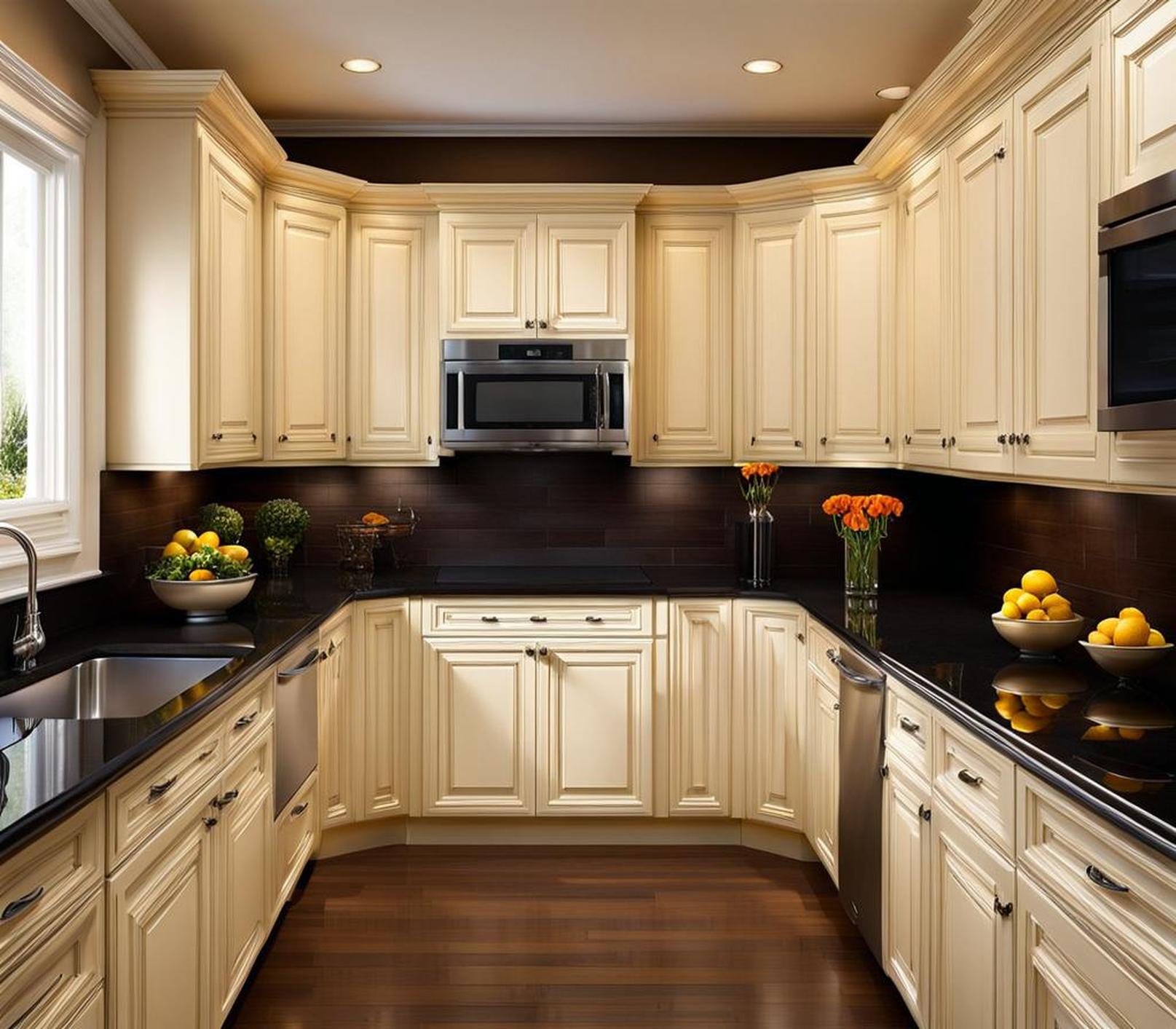 cream kitchen cabinets with dark countertops