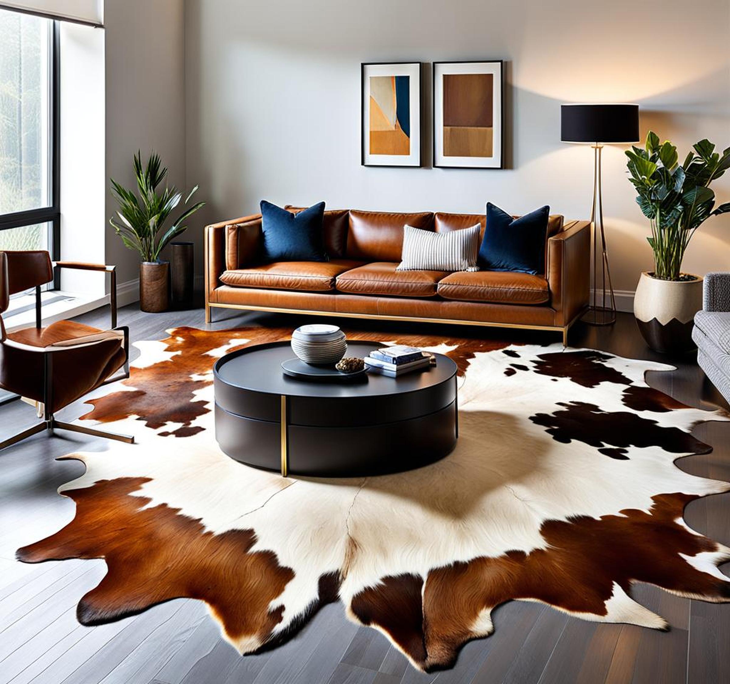 layered cowhide rug living room