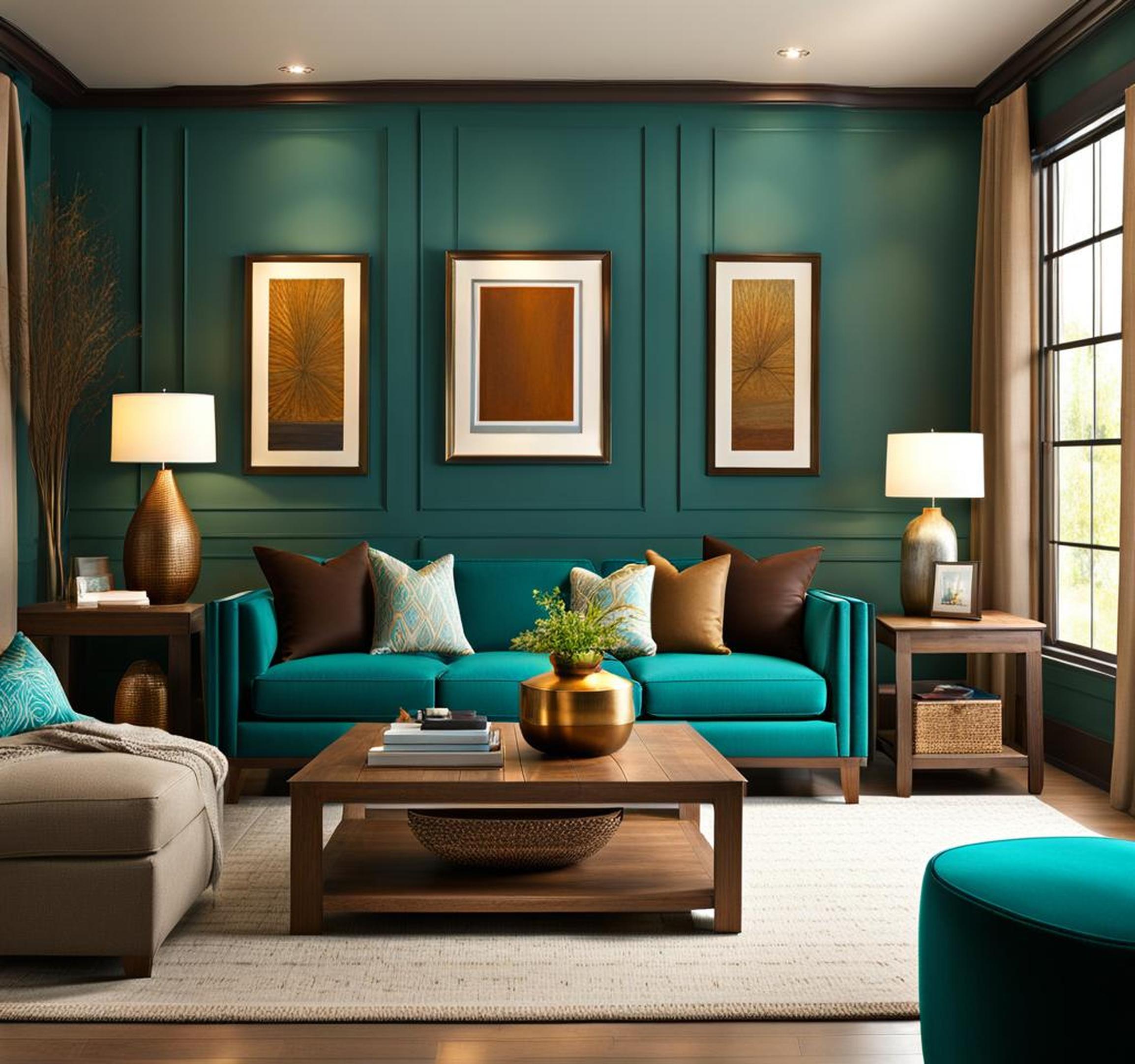 teal and brown living room