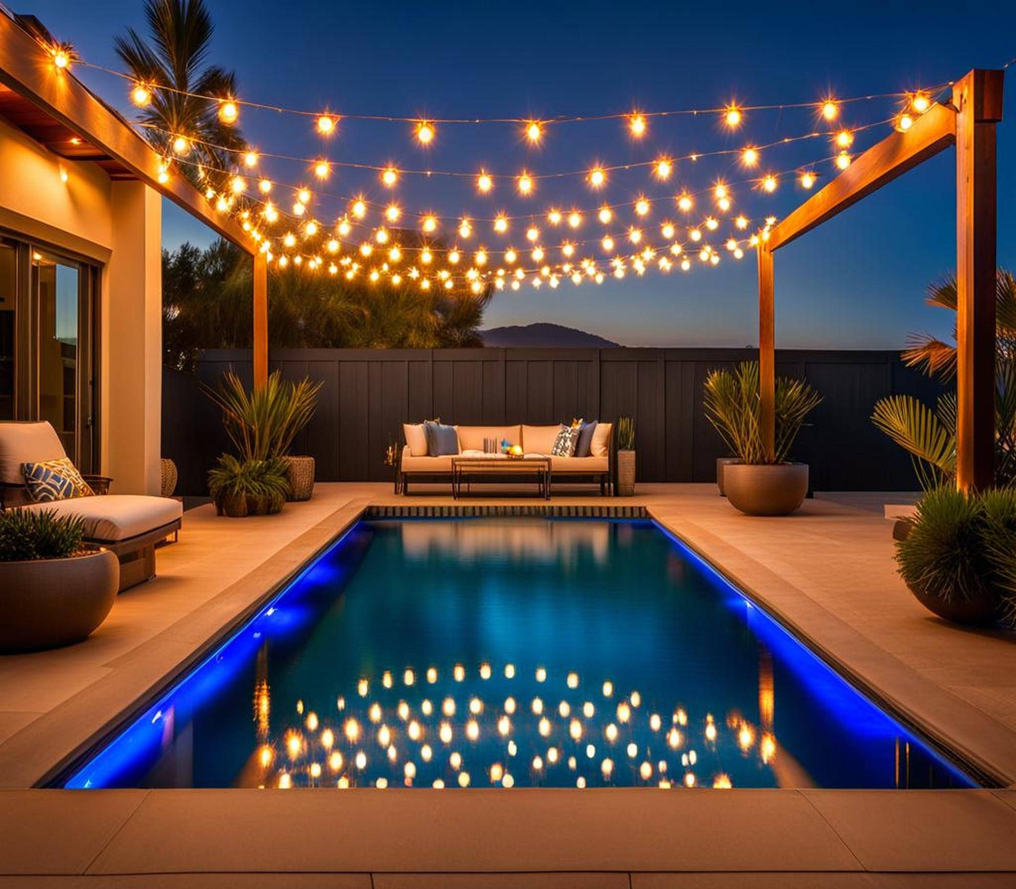 stringing lights over a pool