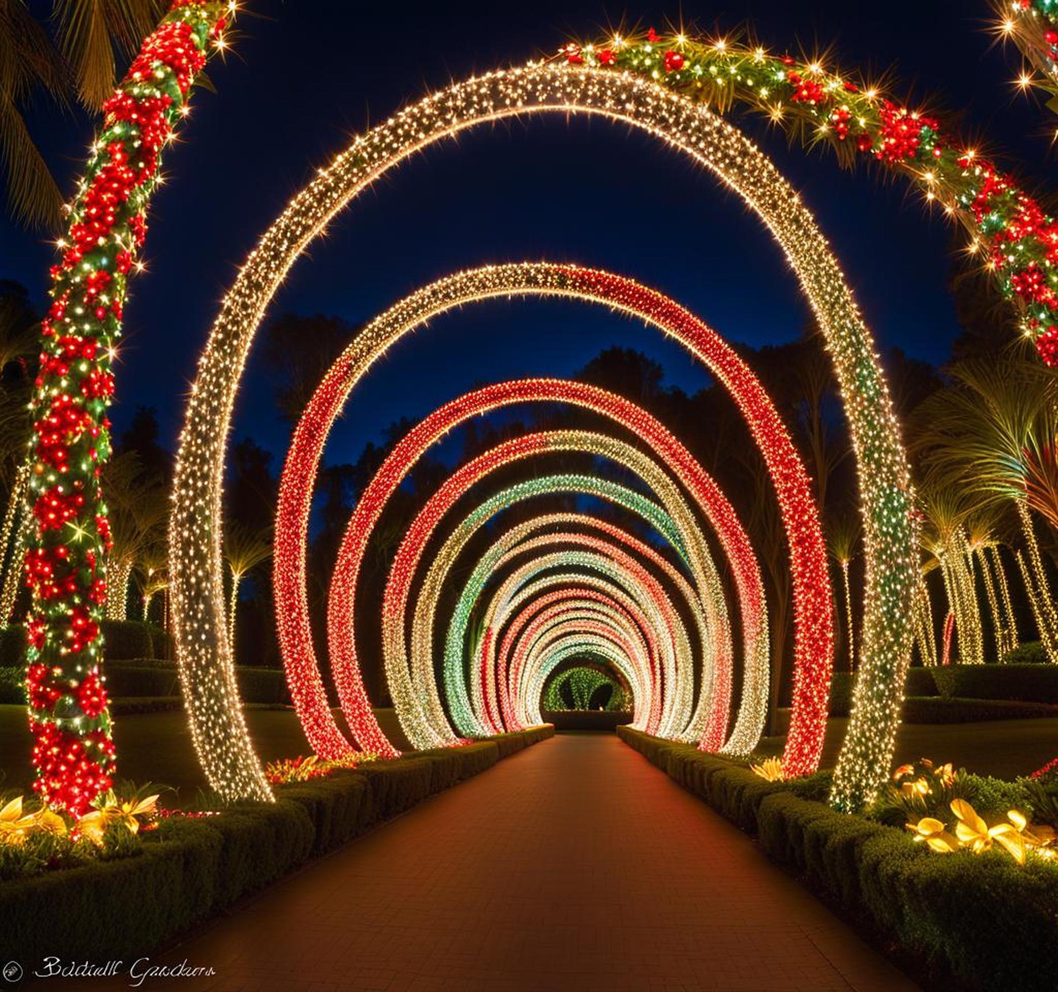 Wind Through Botanical Gardens’ Enchanting Pathways Lined With Shimmering Holiday Lights
