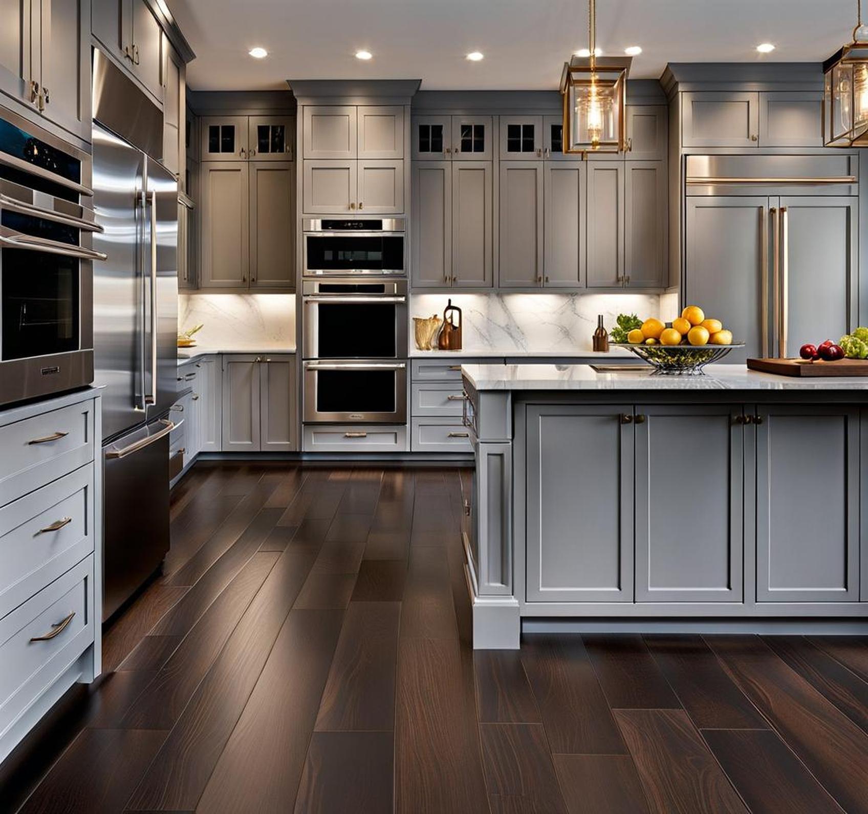 light grey kitchen cabinets with dark wood floors