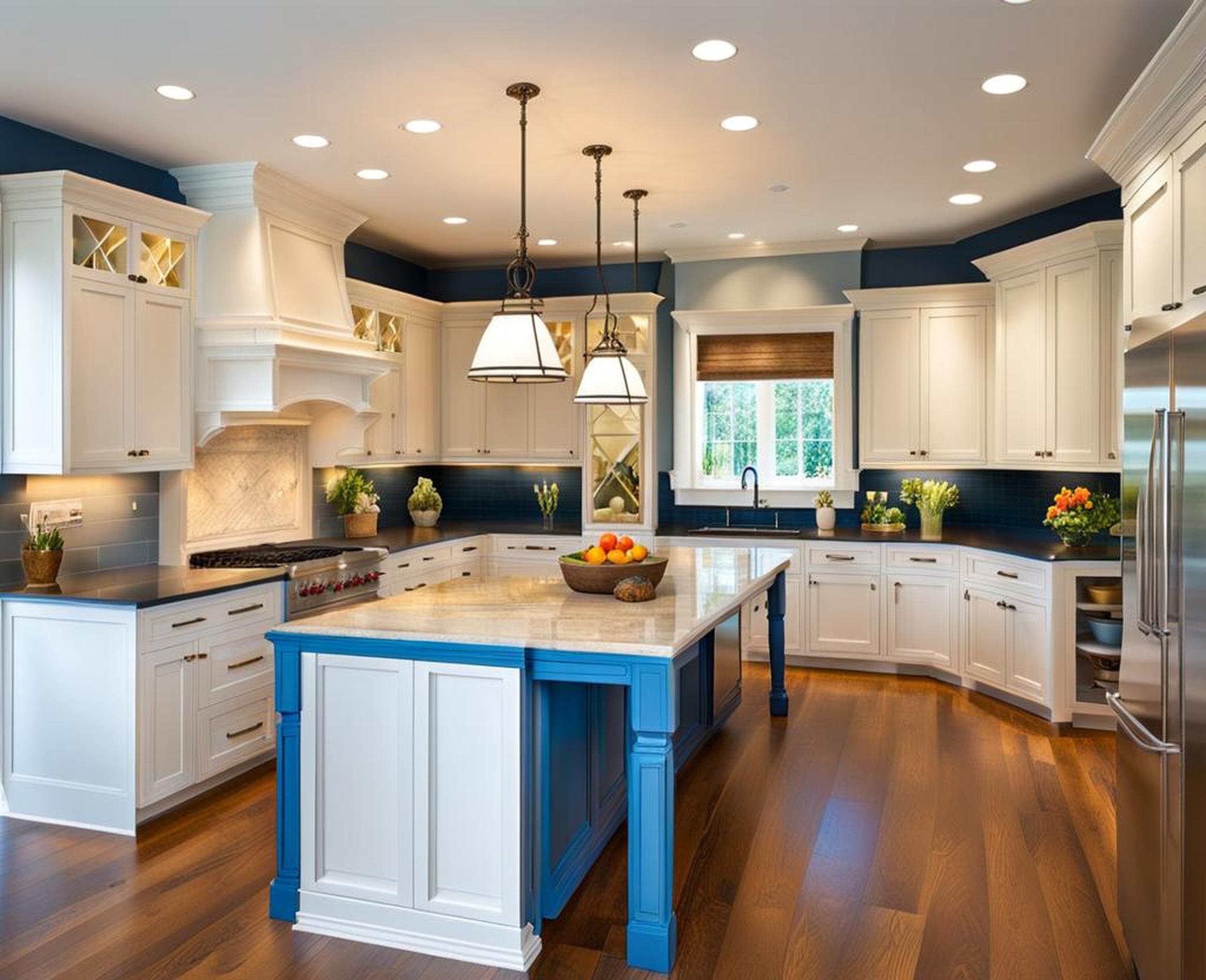 white kitchens with blue islands