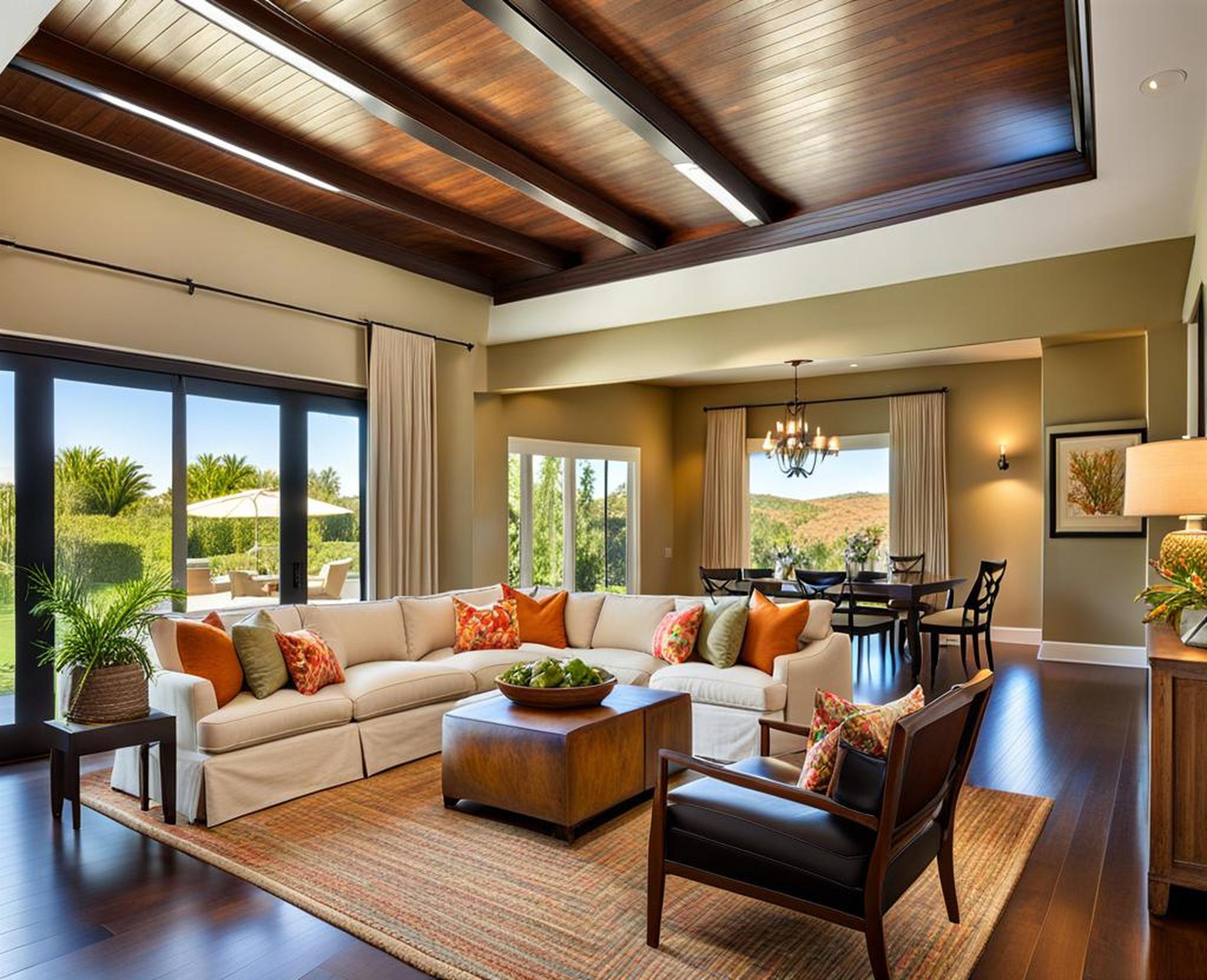 living rooms with wood ceilings