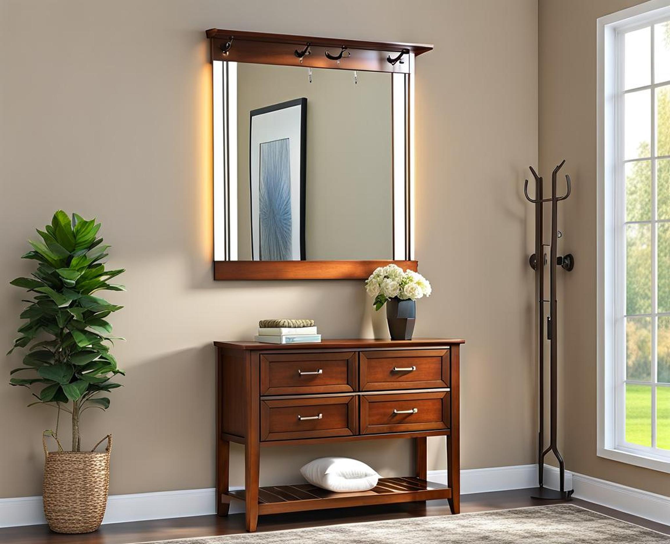 entryway mirror with hooks and shelf