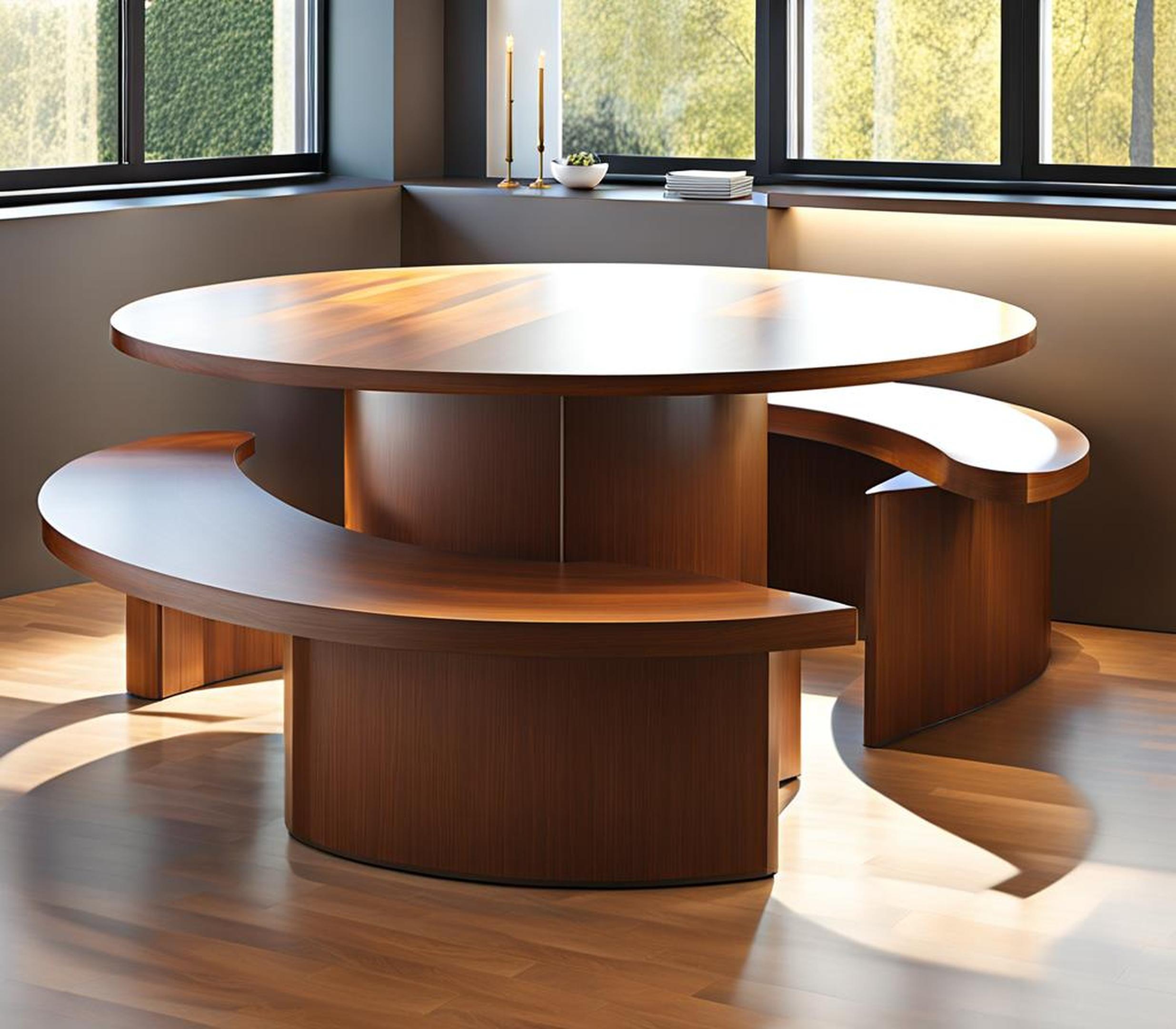 round dining table with curved bench seating