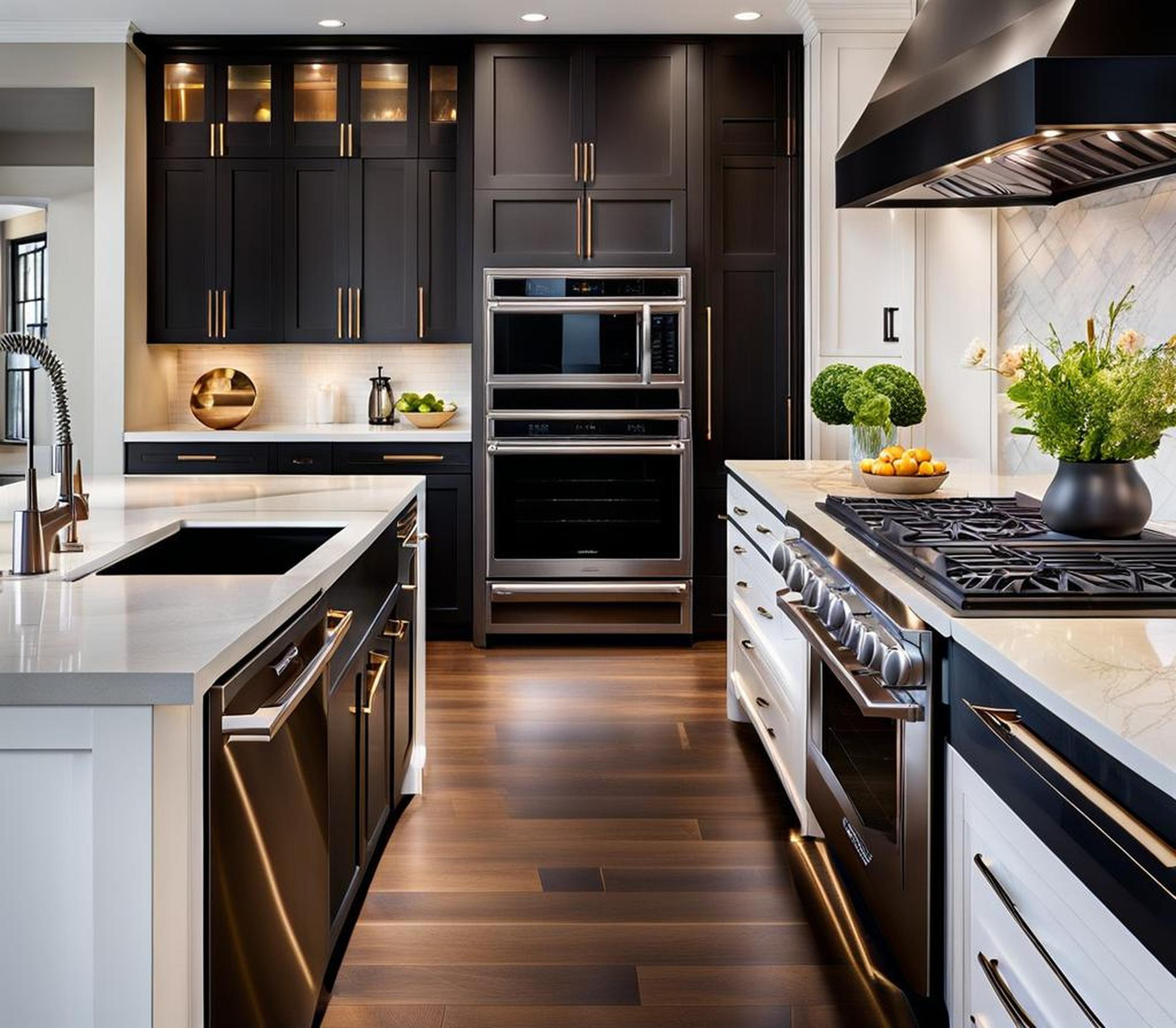 black stainless steel appliances with white cabinets