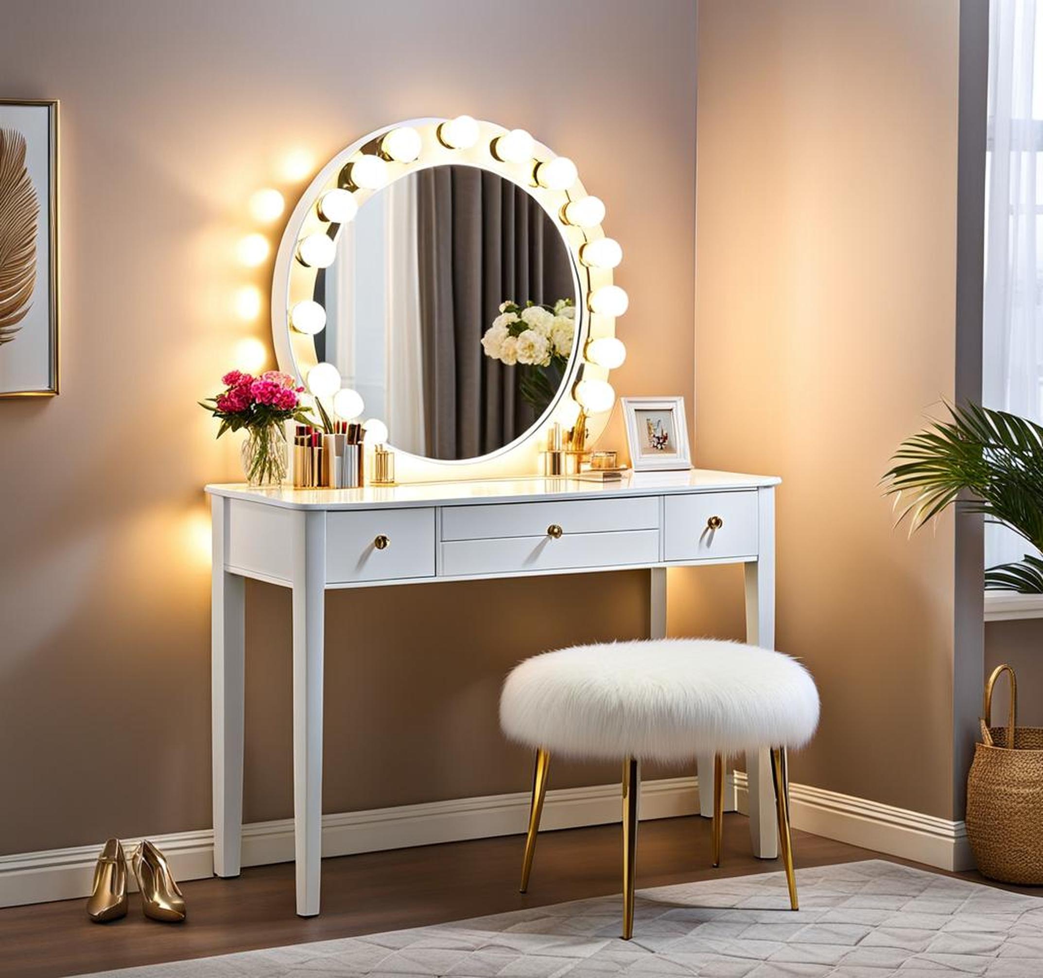white vanity desk with mirror and lights