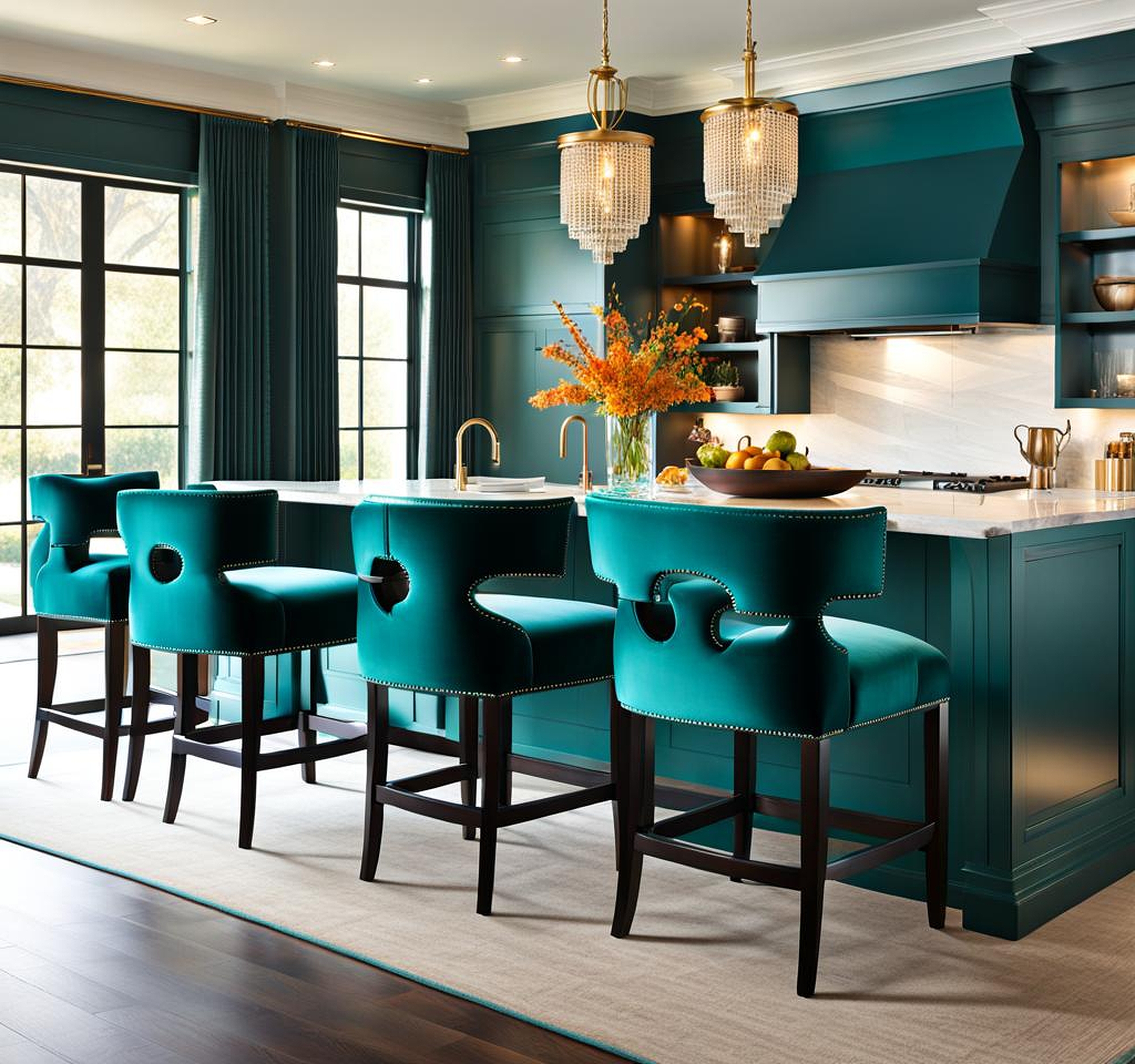 The Perfect Blend of Style and Function with Teal Velvet Counter Stools and Pedestal Tables