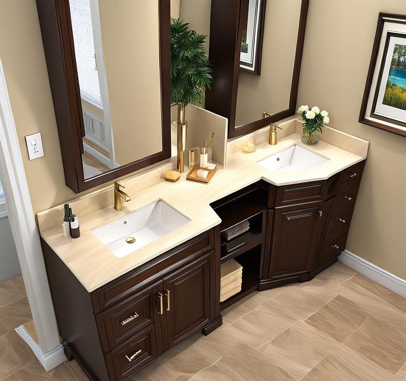 Corner L Shaped Double Vanity for a Spacious Bathroom Layout