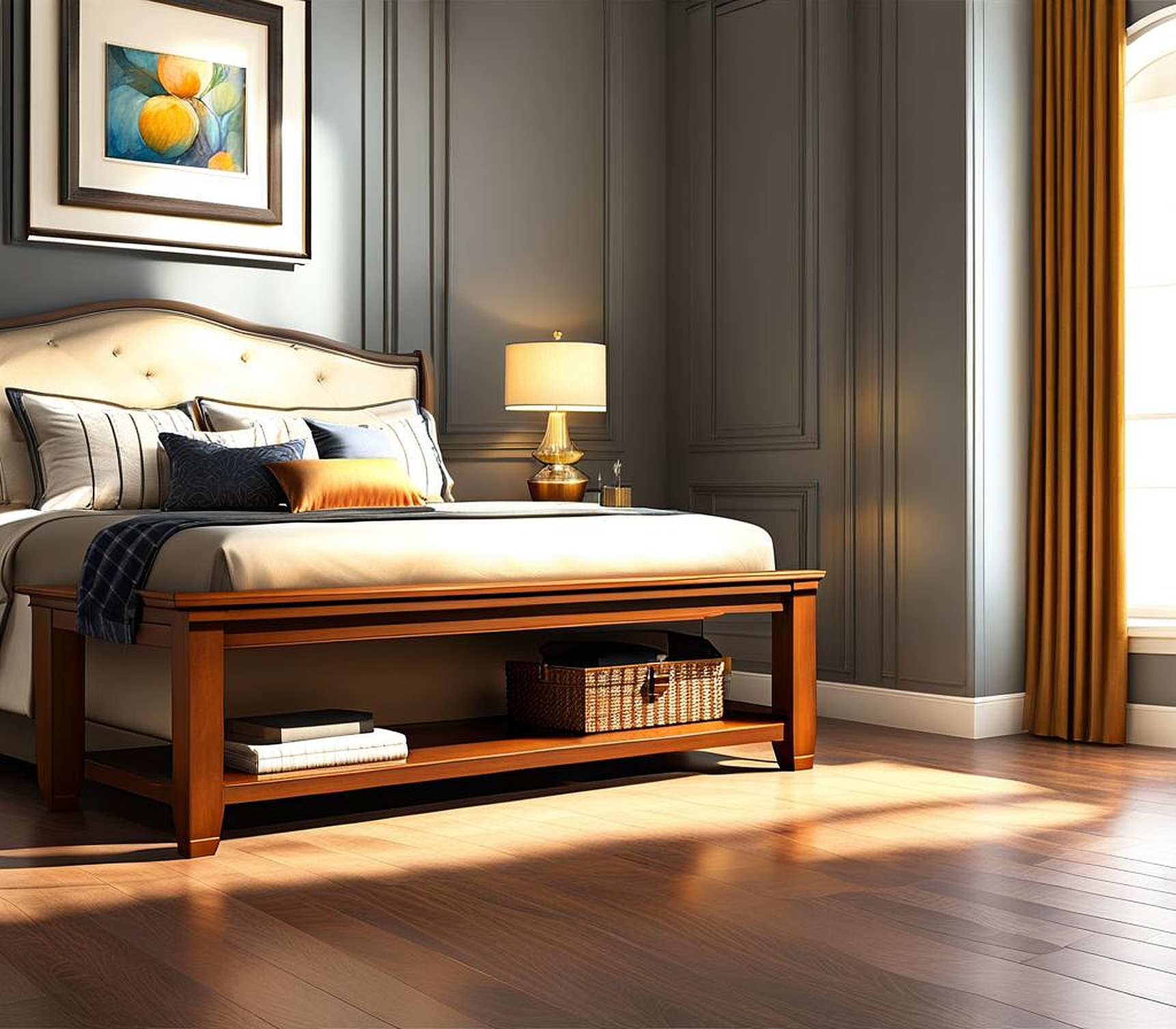 In Bedroom Design a 60 Inch End of Bed Bench Adds a Touch of Elegance