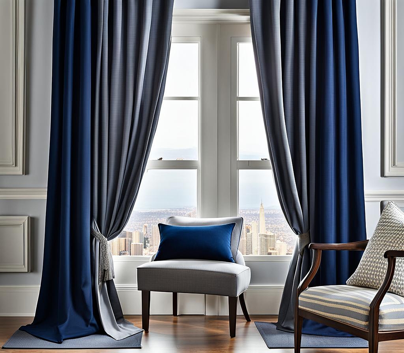 Navy Blue and Gray Curtains Provide a Bold and Stylish Accent