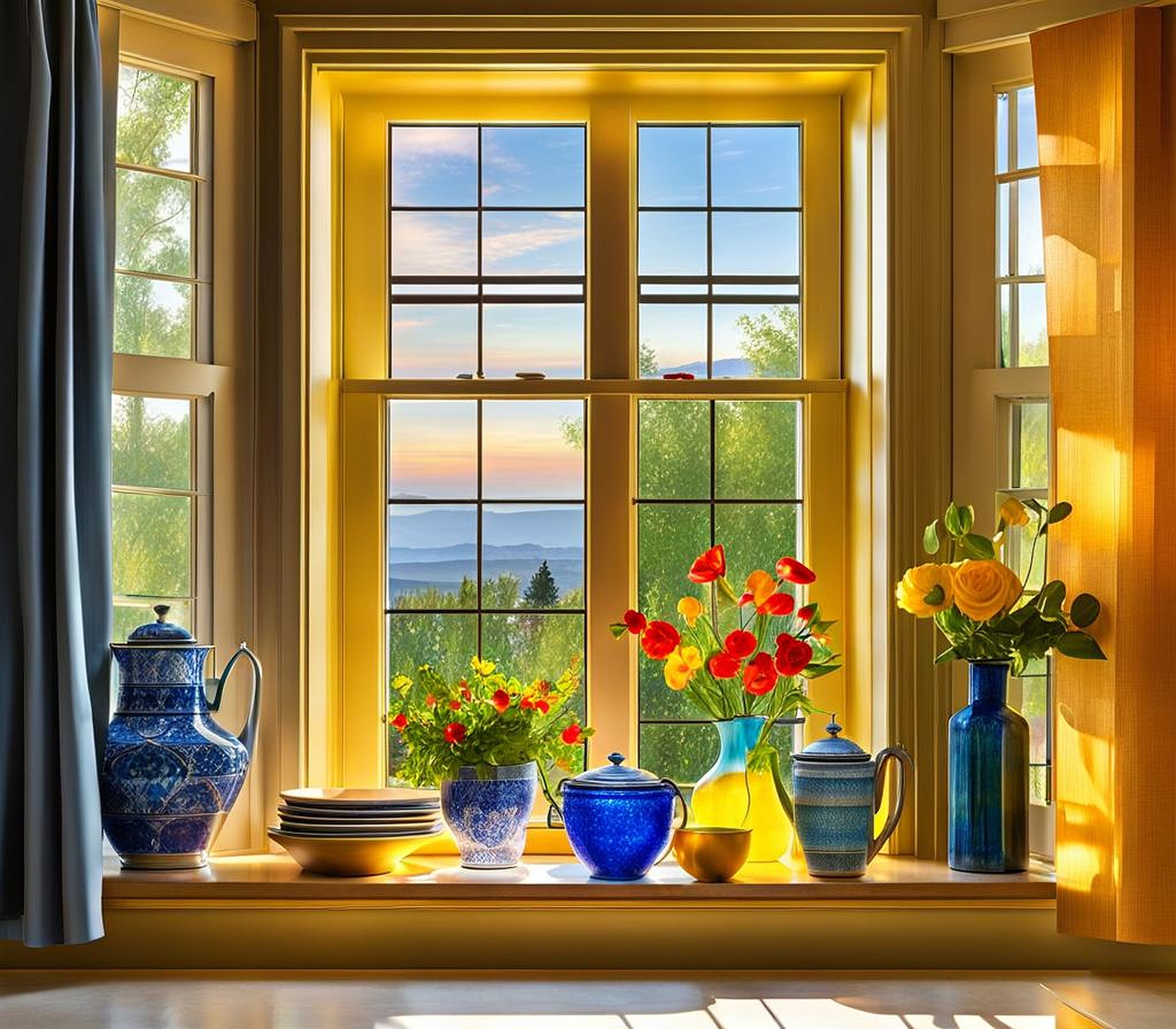 Decorate Kitchen Window Sill with Colored Glass and Artistic Touch