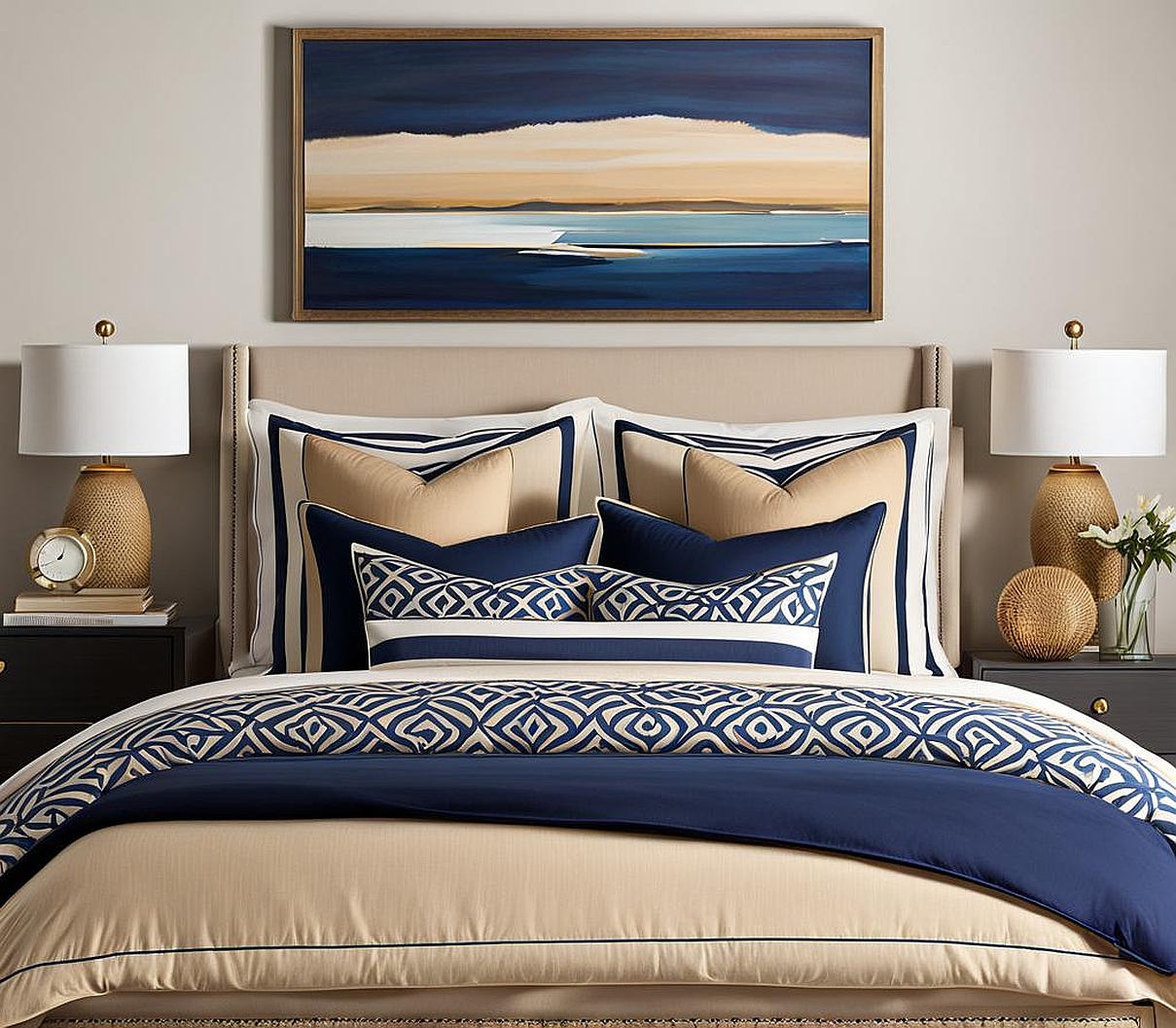 Navy and Tan Bedding Ideas for a Coastal Bedroom