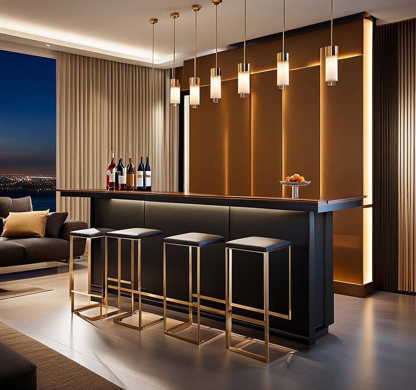 Perfectly Integrated Bar Table Behind Sectional Sofa in Modern Living Room Designs