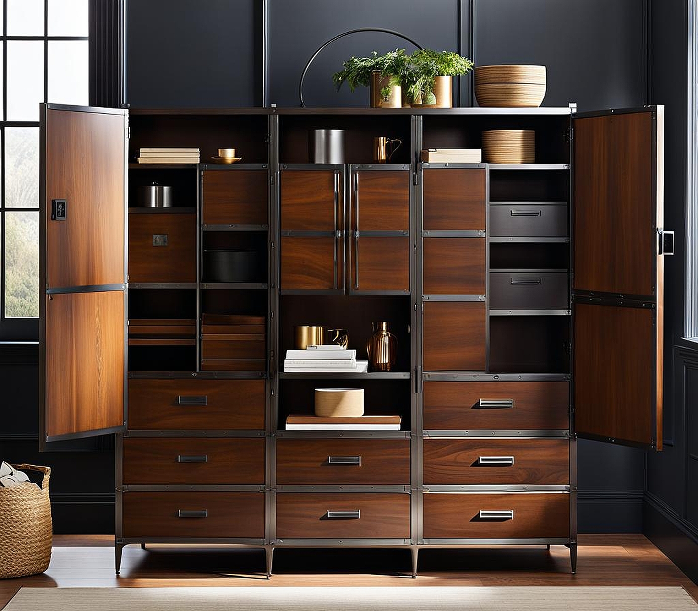 large wood and metal langley storage cabinet