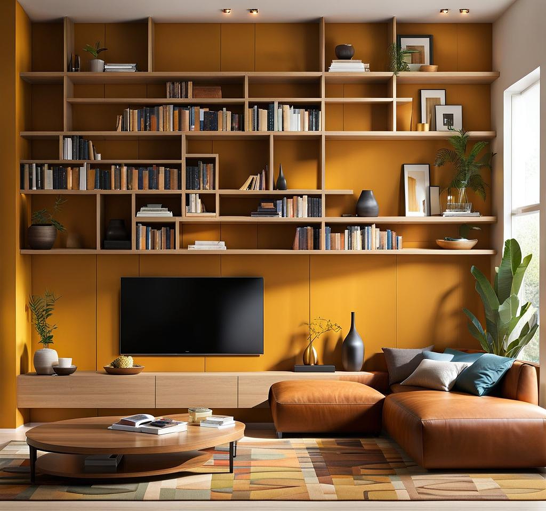 bookshelves in the living room