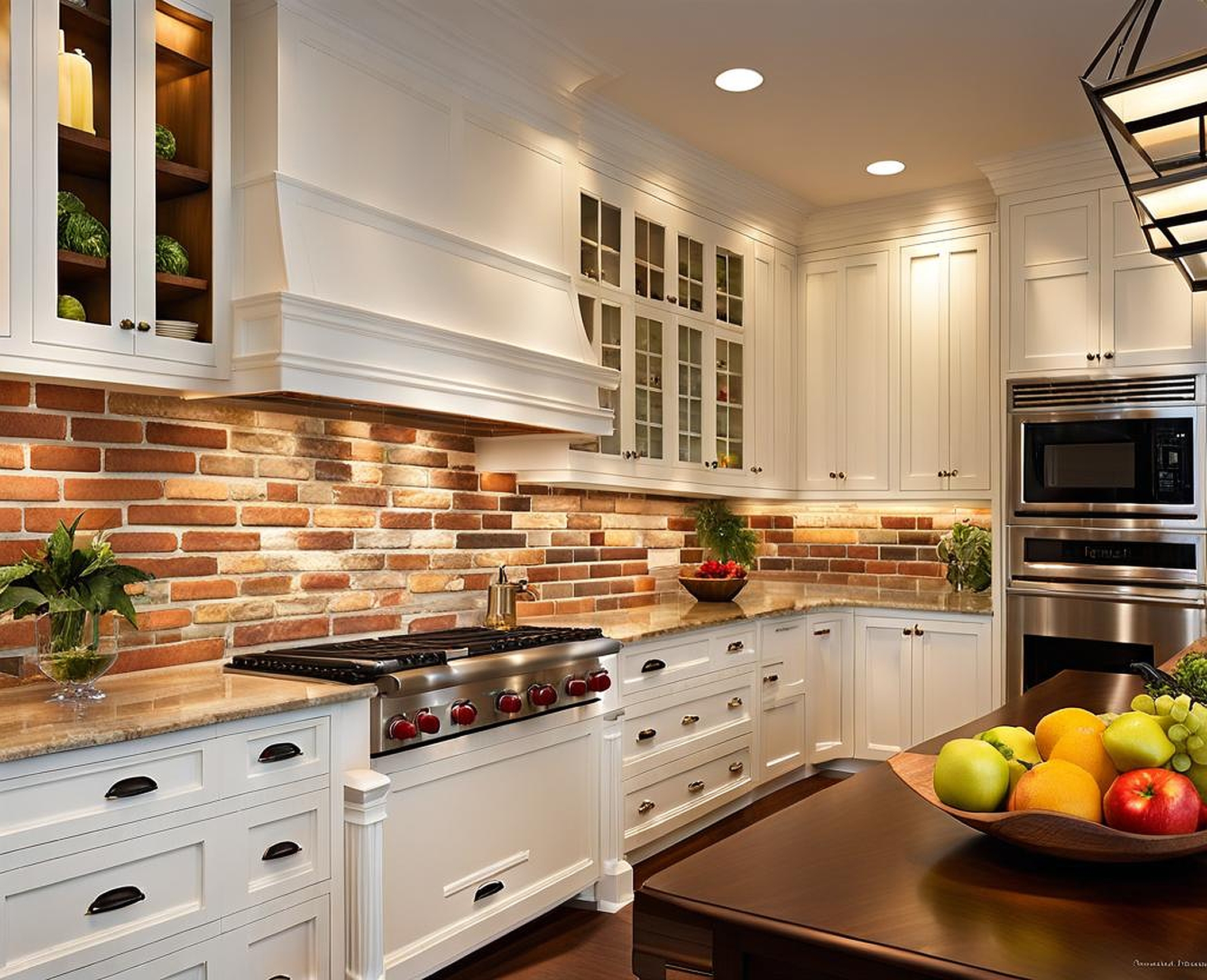 white kitchens with brick backsplash