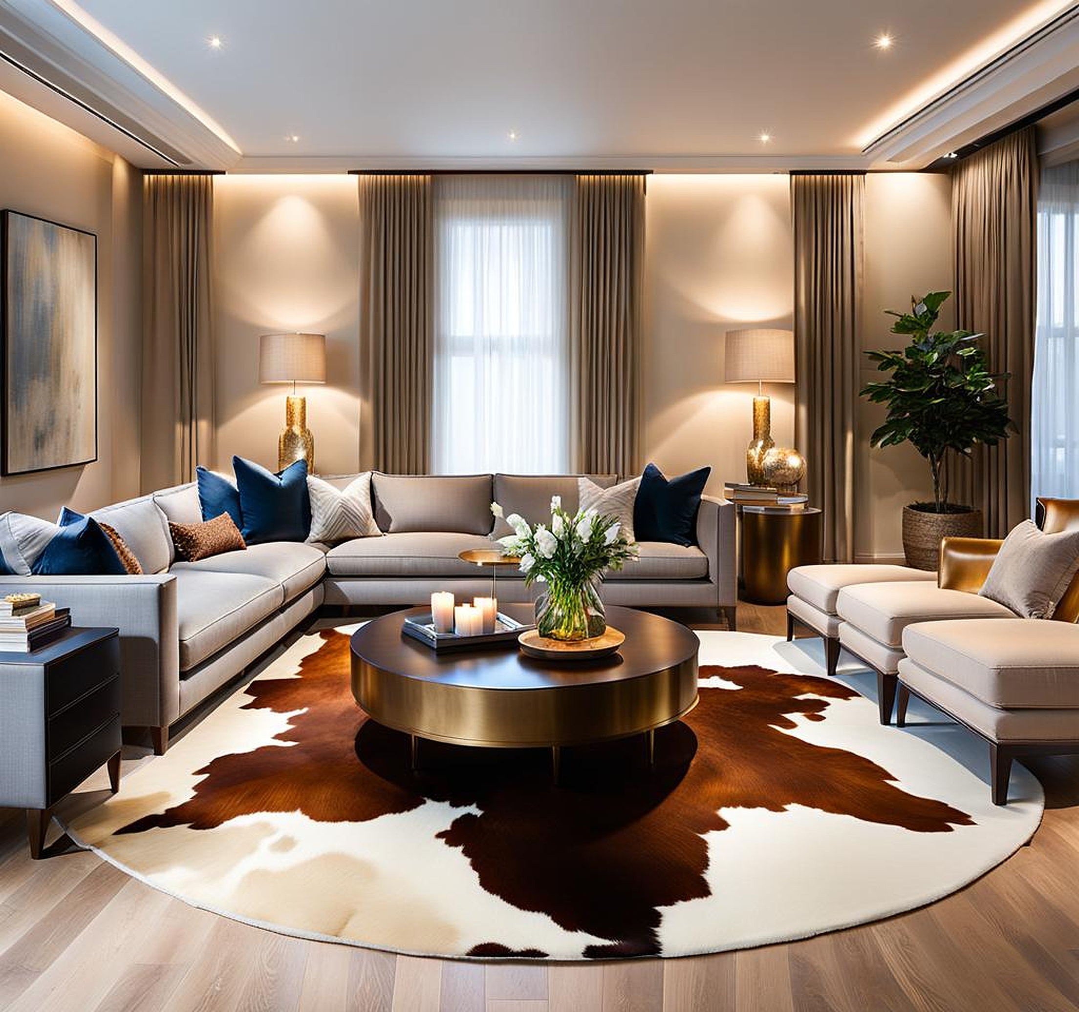 Elegant Living Rooms Featuring Cowhide Rugs and Plush Sofas
