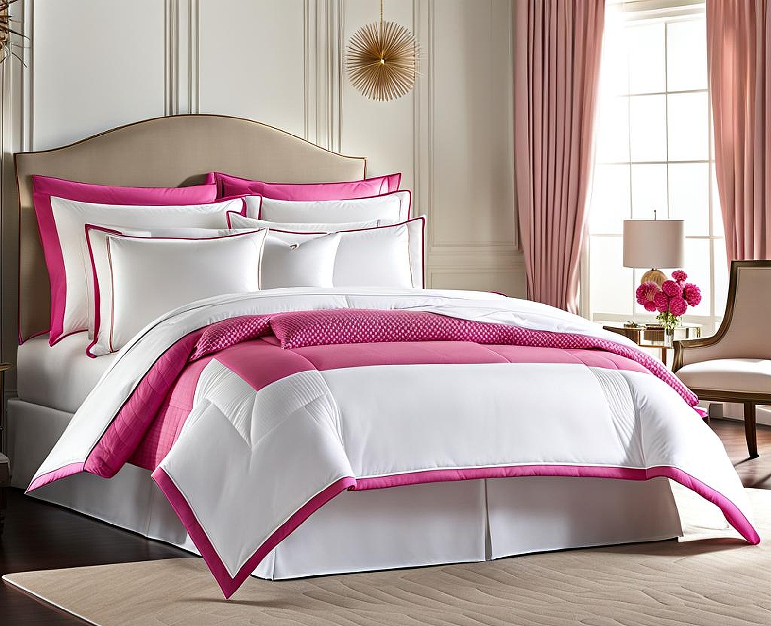 white comforter with pink trim