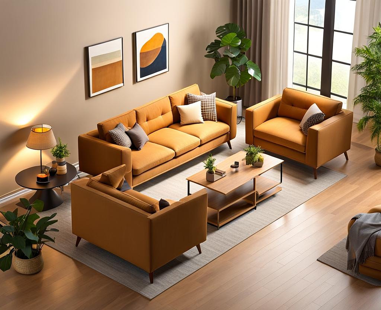 Cozy Living Room Layout Concepts with a Tan Sofa