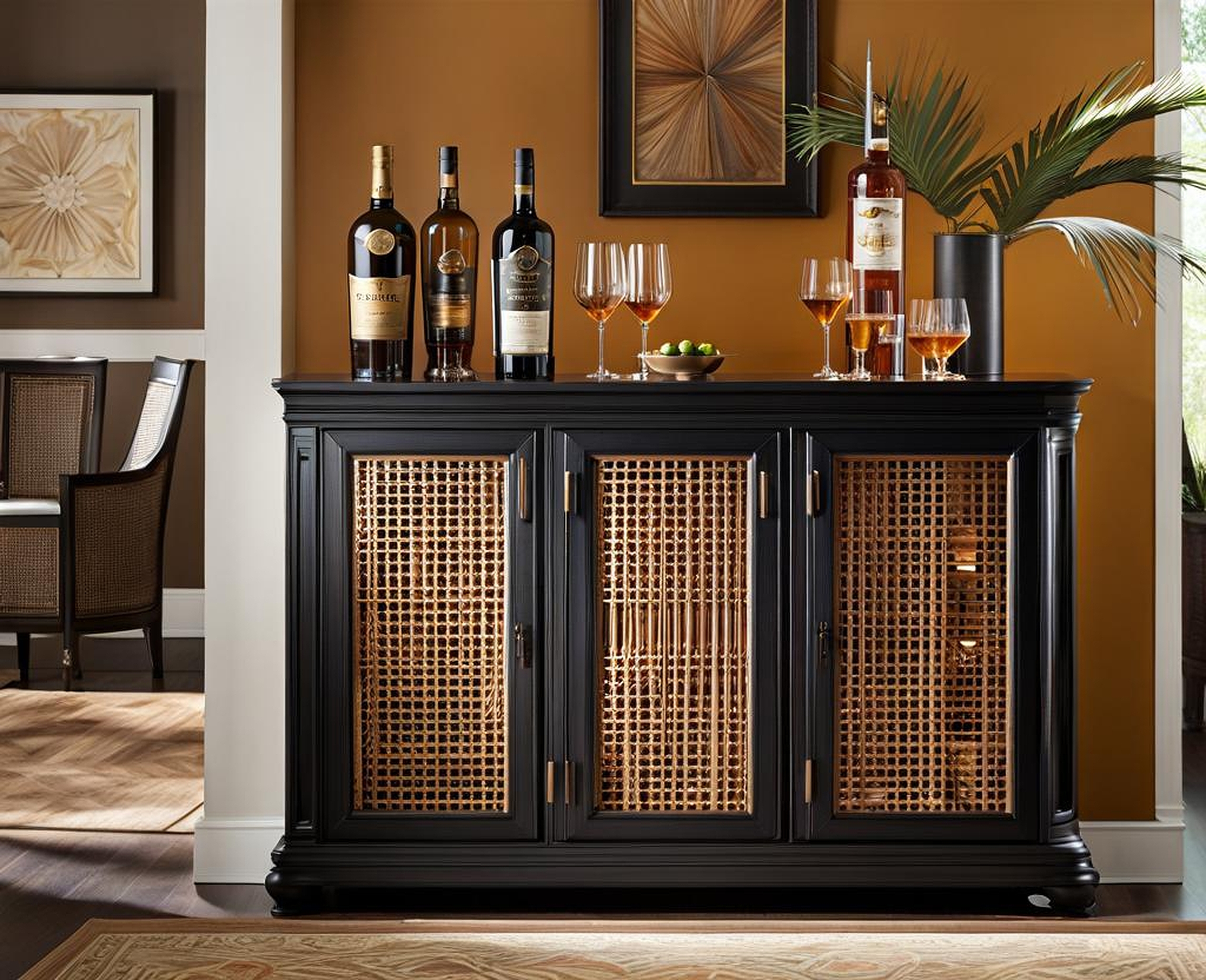 How to Style a West Charcoal Cane Bar Cabinet for a Unique Home Bar