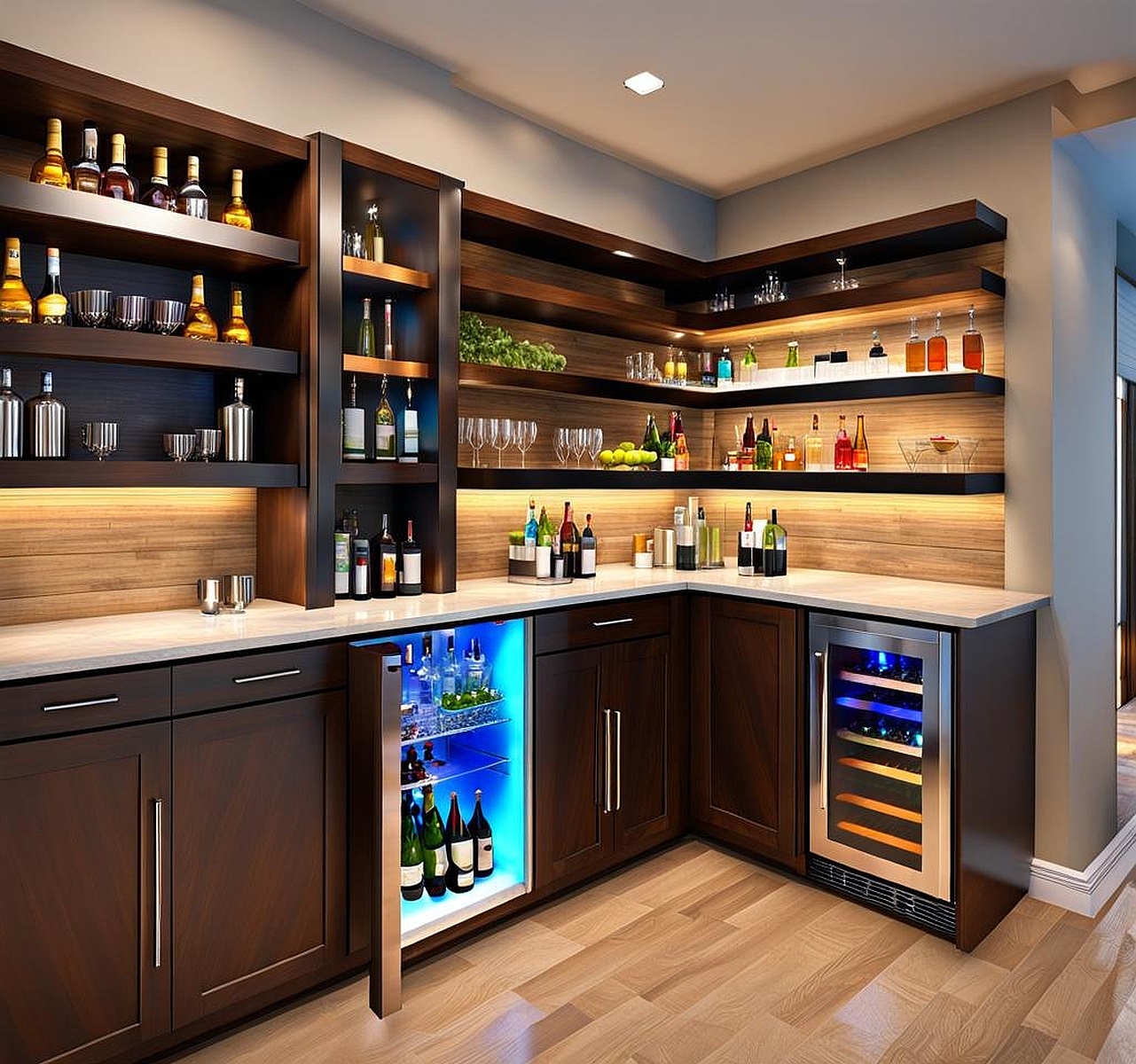 Wet Bar with Floating Shelves and Glass Top for a Sleek and Modern Look