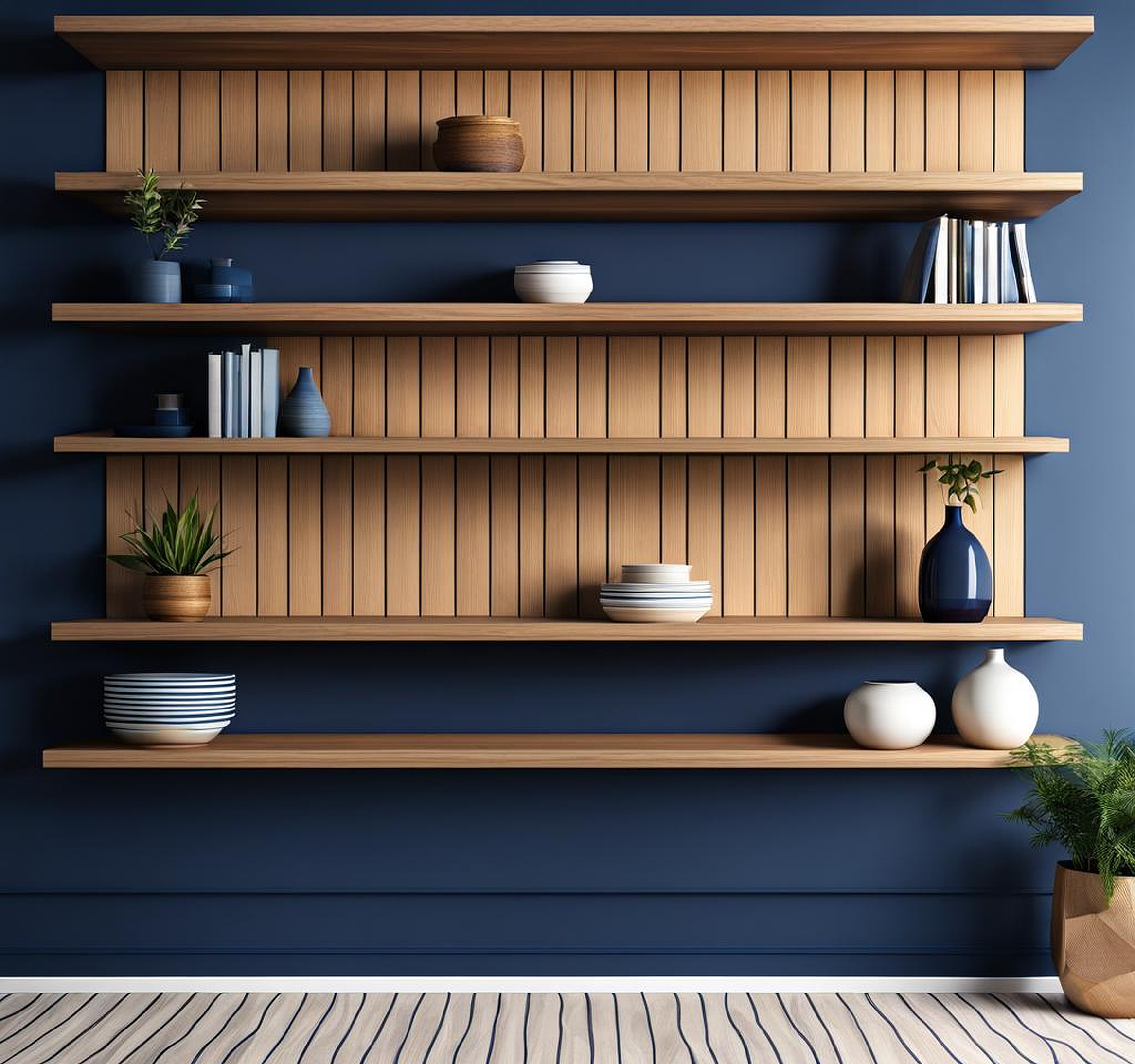 Using Navy Blue Floating Shelves to Add Depth and Texture to Walls