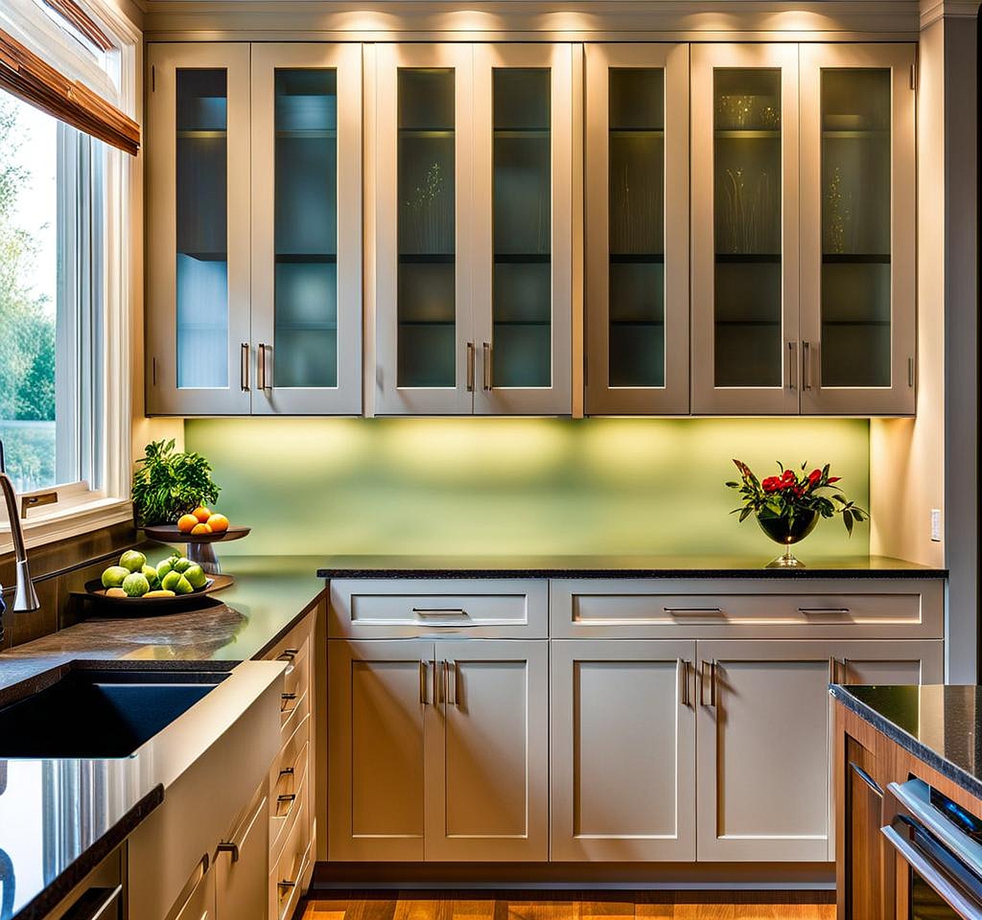 kitchen cabinets with frosted glass inserts